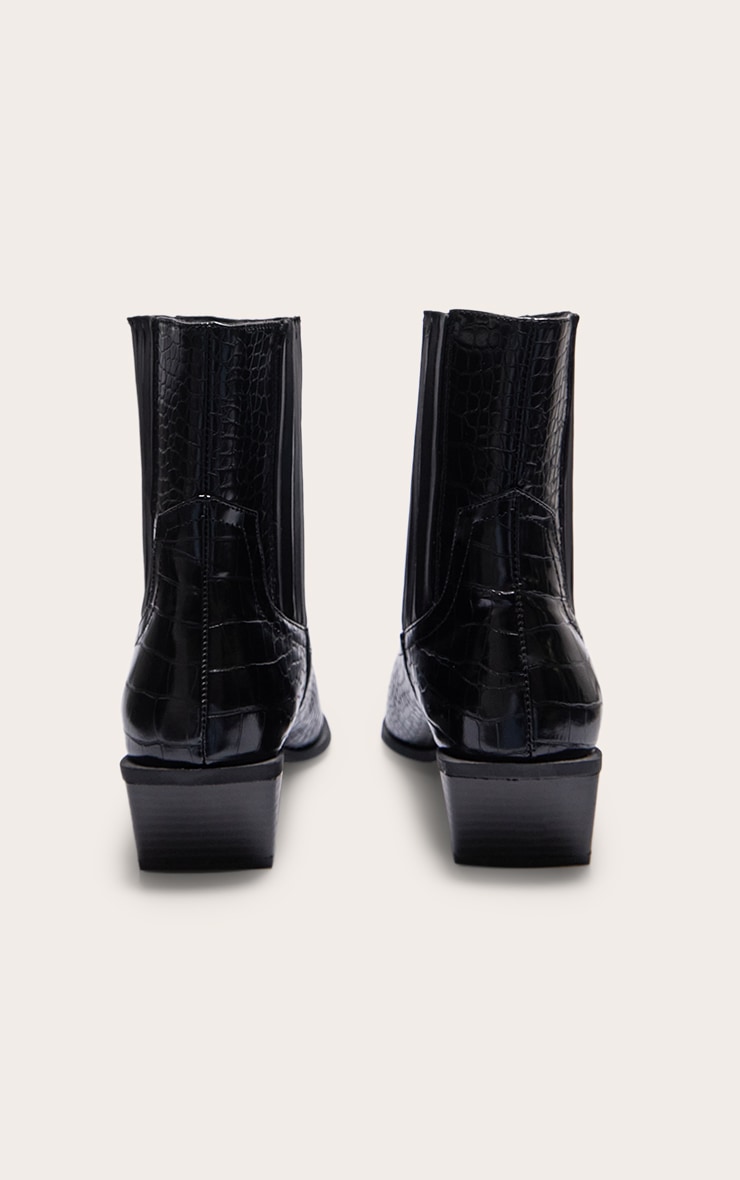 Black Croc PU Point Toe Low Block Heel Western Ankle Boots image 3
