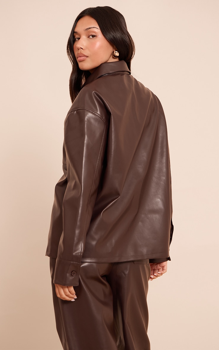 Dark Brown Faux Leather Pocket Detail Shirt image 2
