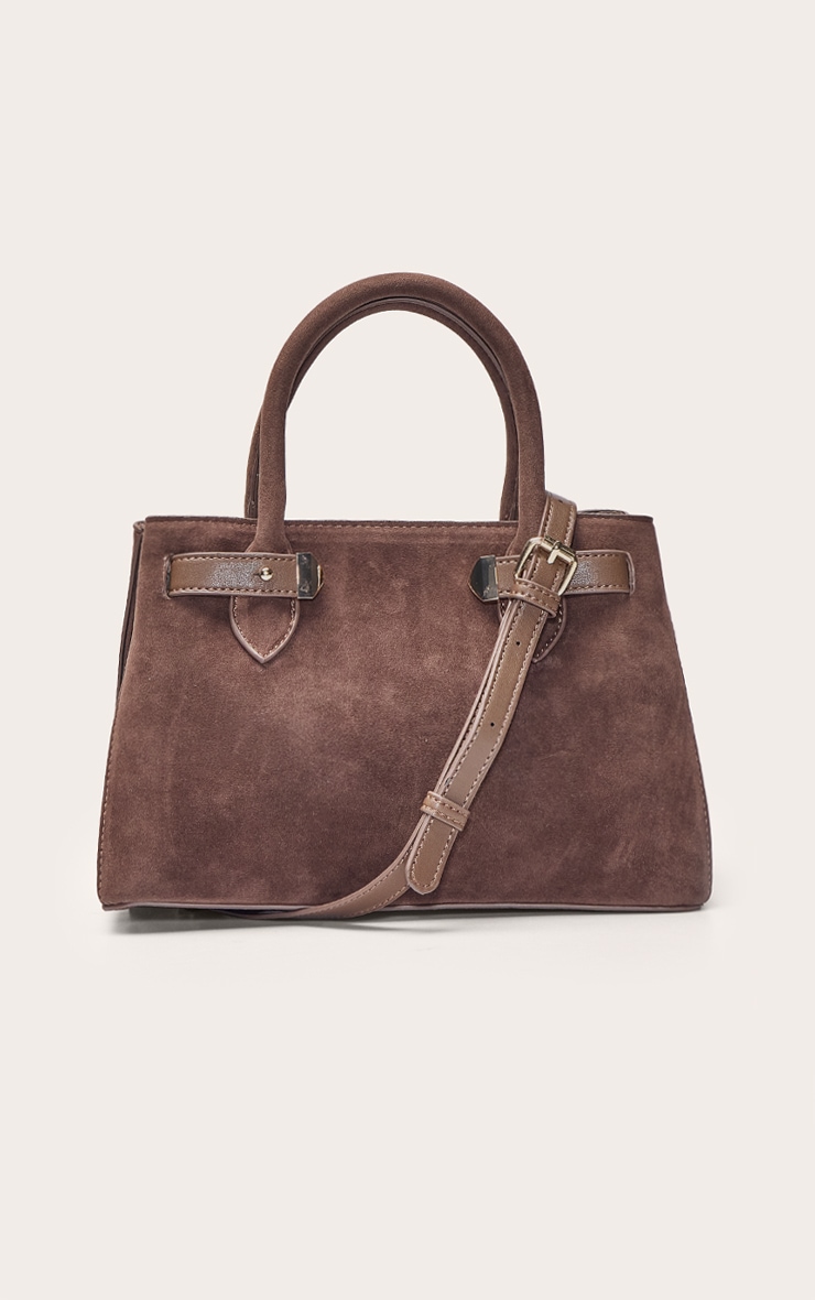 Chocolate Faux Suede Gold Hardware Hand Bag image 2