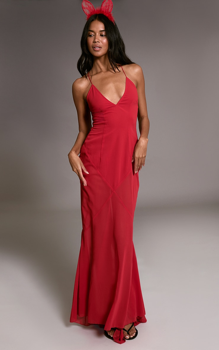 Red Chiffon V Neck Maxi Dress image 1