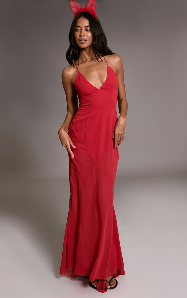 Red Chiffon V Neck Maxi Dress