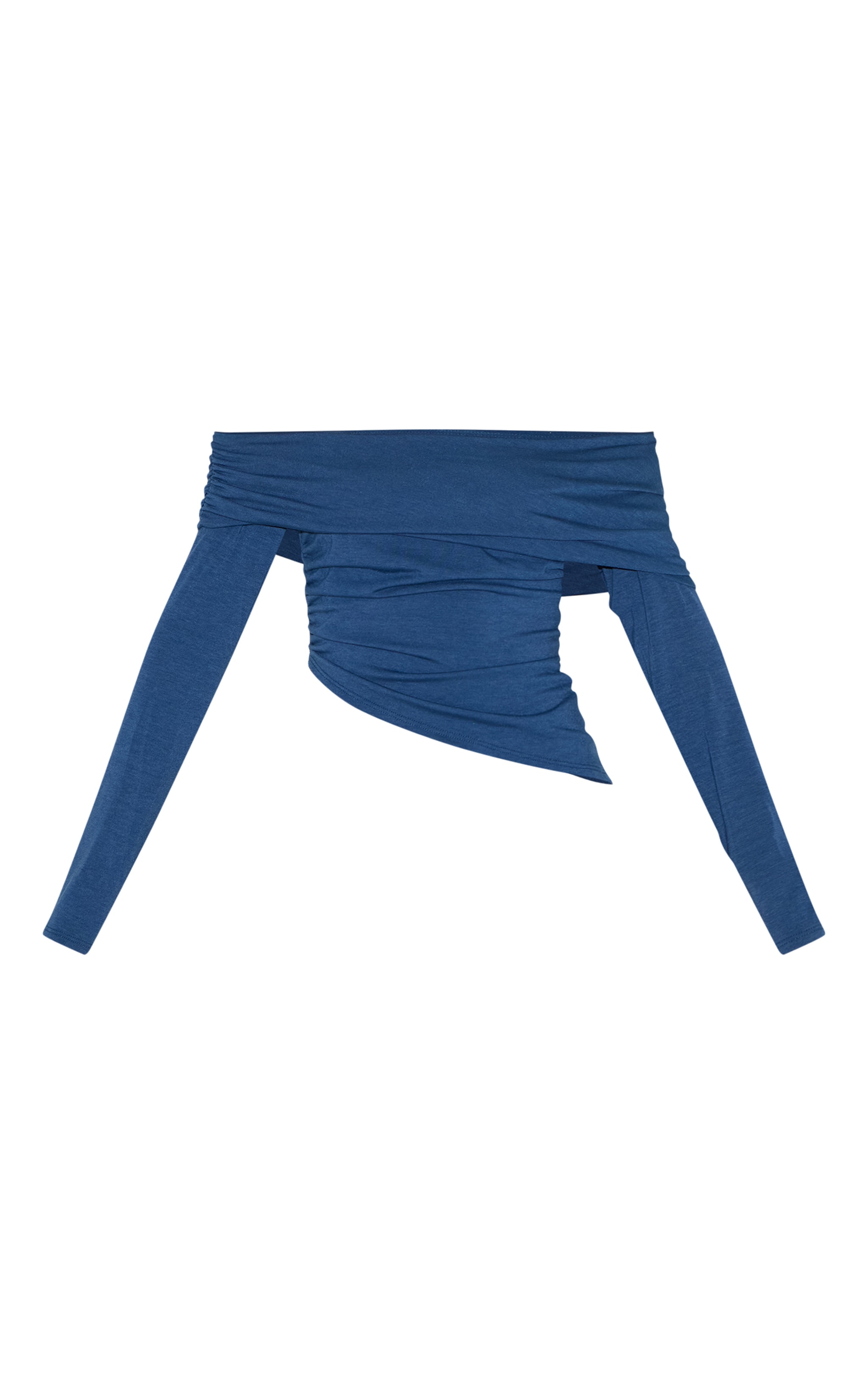 Petrol Blue Contour Jersey Fold Over Detail Bardot Long Sleeve Top image 5