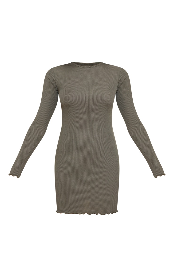 Olive Rib Scoop Neck Lettuce Hem Bodycon Dress PrettyLittleThing UAE