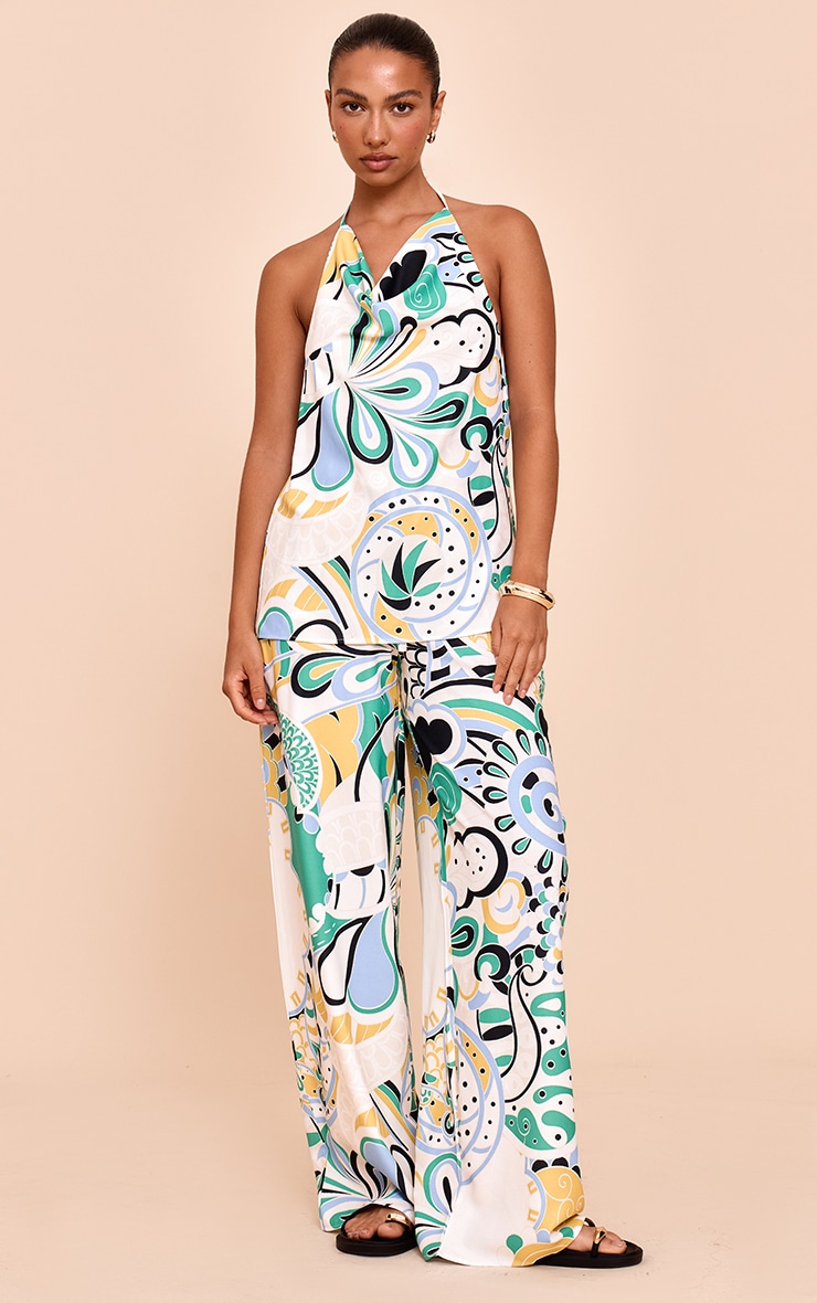 Multi Abstract Print Woven Halter Neck Floaty Long Top image 3