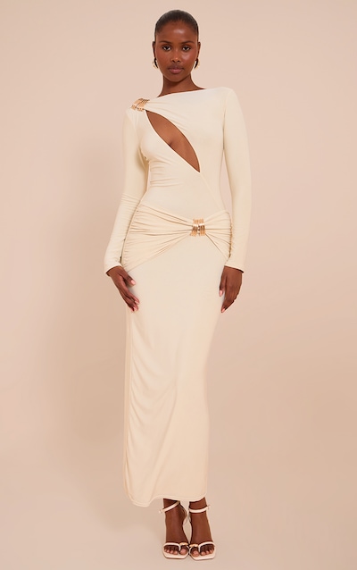 Cream Double Layer Slinky Cut Out Trim Detail Maxi Dress