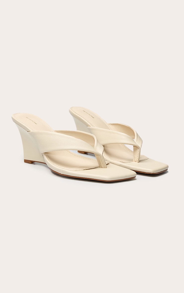 Cream PU Toe Thong High Heeled Mule Wedges image 3
