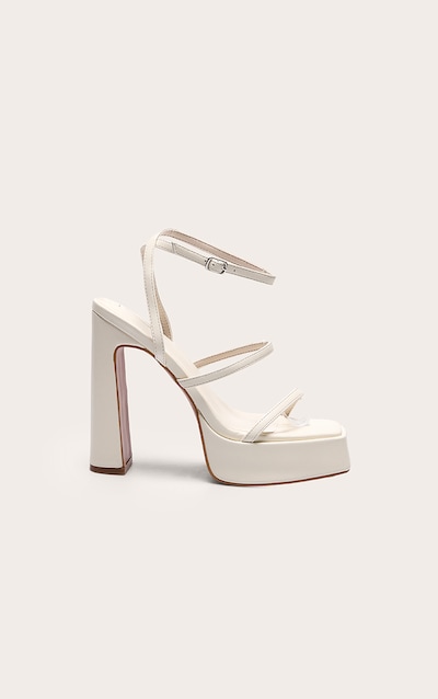 Cream Pu Square Toe Platform Heeled Sandals
