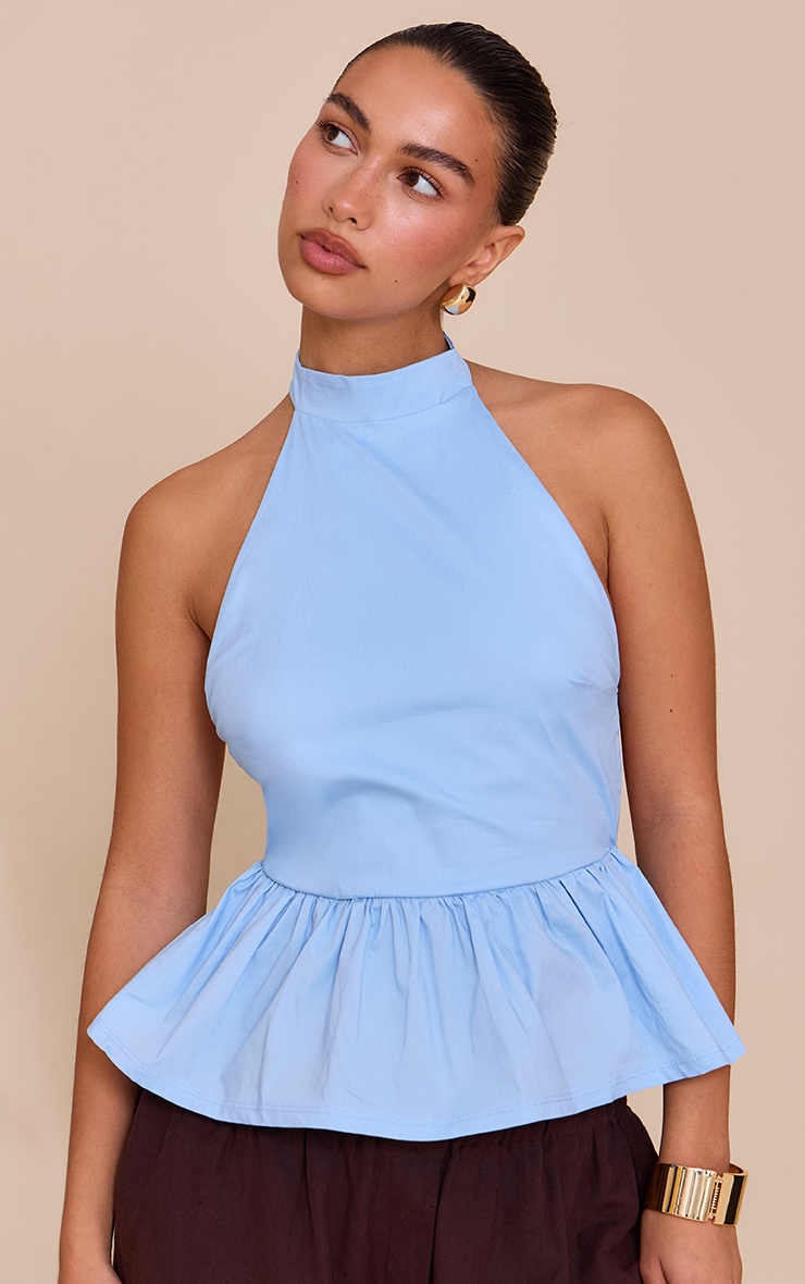 Blue Cotton Highneck Backless Long Top image 4