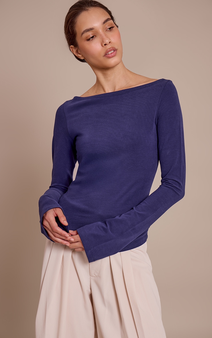 Dark Indigo Soft Cotton Boat Neck Flared Long Sleeve Top