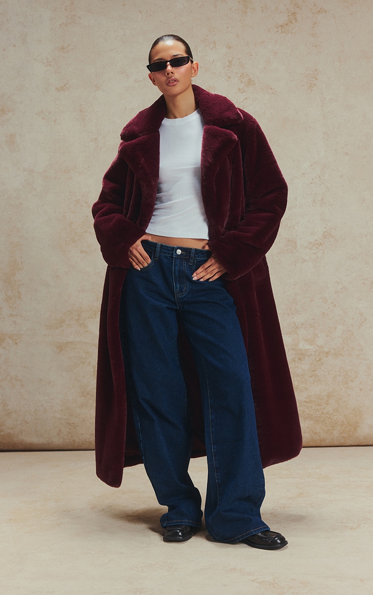 Cherry Faux Fur Tie Waist Maxi Coat image 1