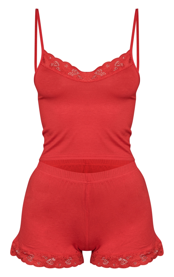 Red Jersey Lace Trim Short Pj Set | PrettyLittleThing KSA