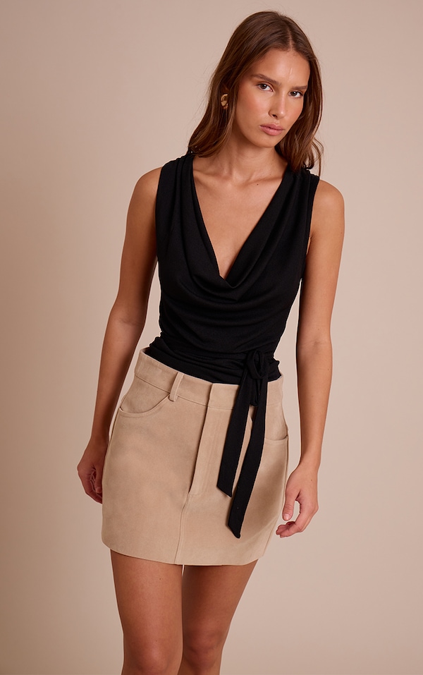 Chocolate Burnout Mesh Tie Waist Detail Cowl Neck Long Top