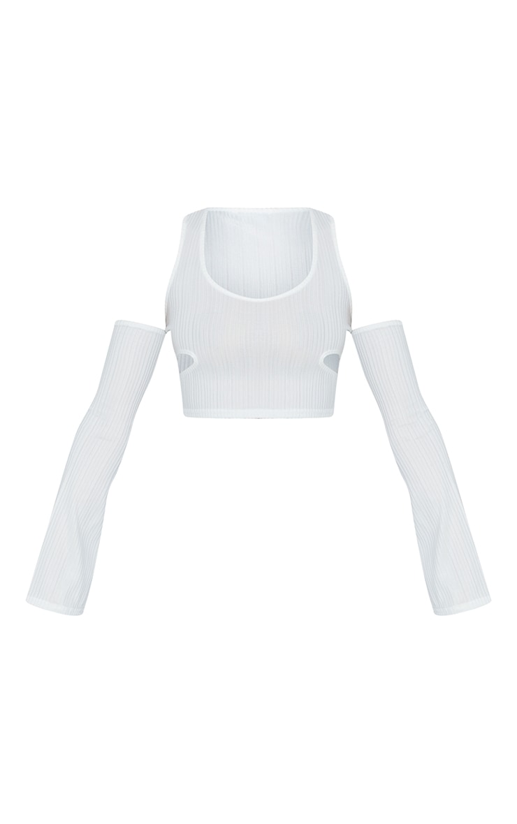 White Rib Cold Shoulder Cut Out Crop Top image 5
