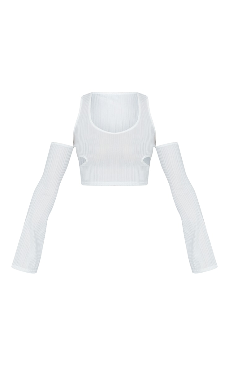 White Rib Cold Shoulder Cut Out Crop Top image 5