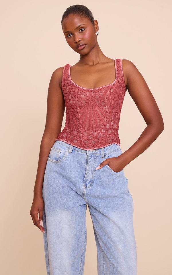 Mauve Textured Sheer Floral Square Neck Corset