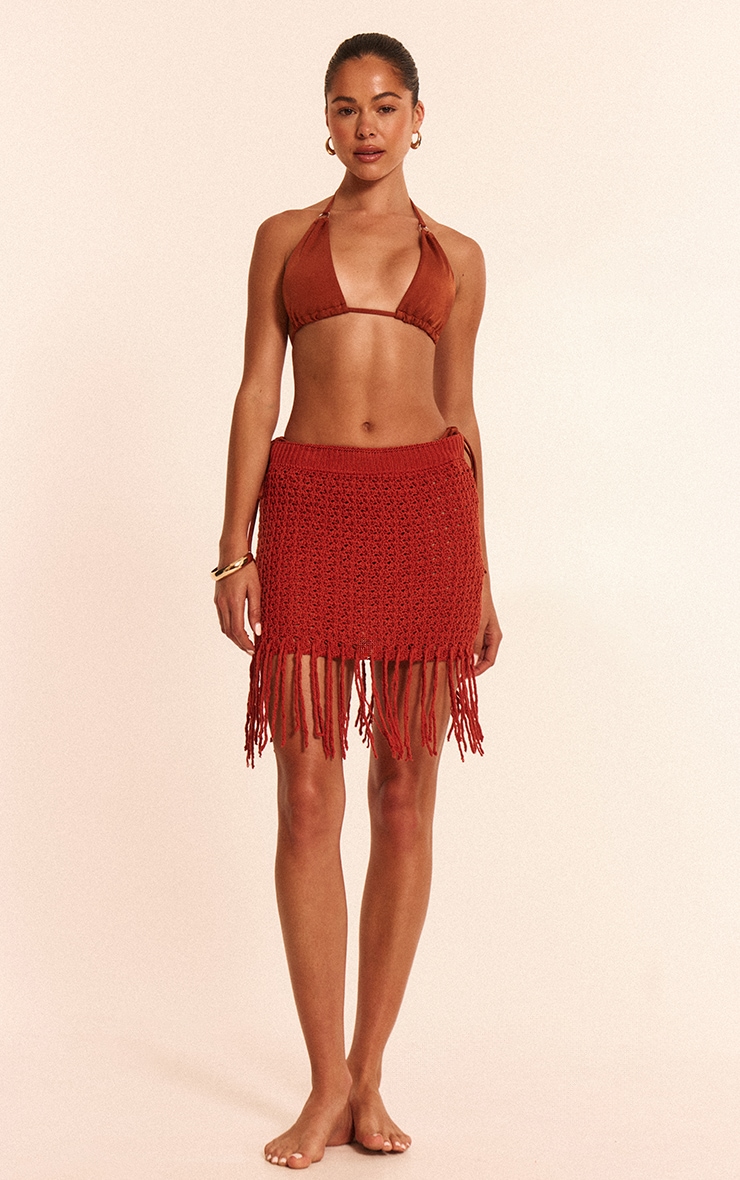 Rust Crochet Knit Tassel Mini Skirt image 2