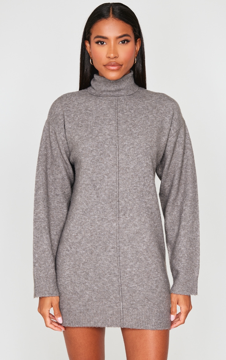 Charcoal Soft Knit Roll Neck Oversized Seam Detail Sweater Dress image 3