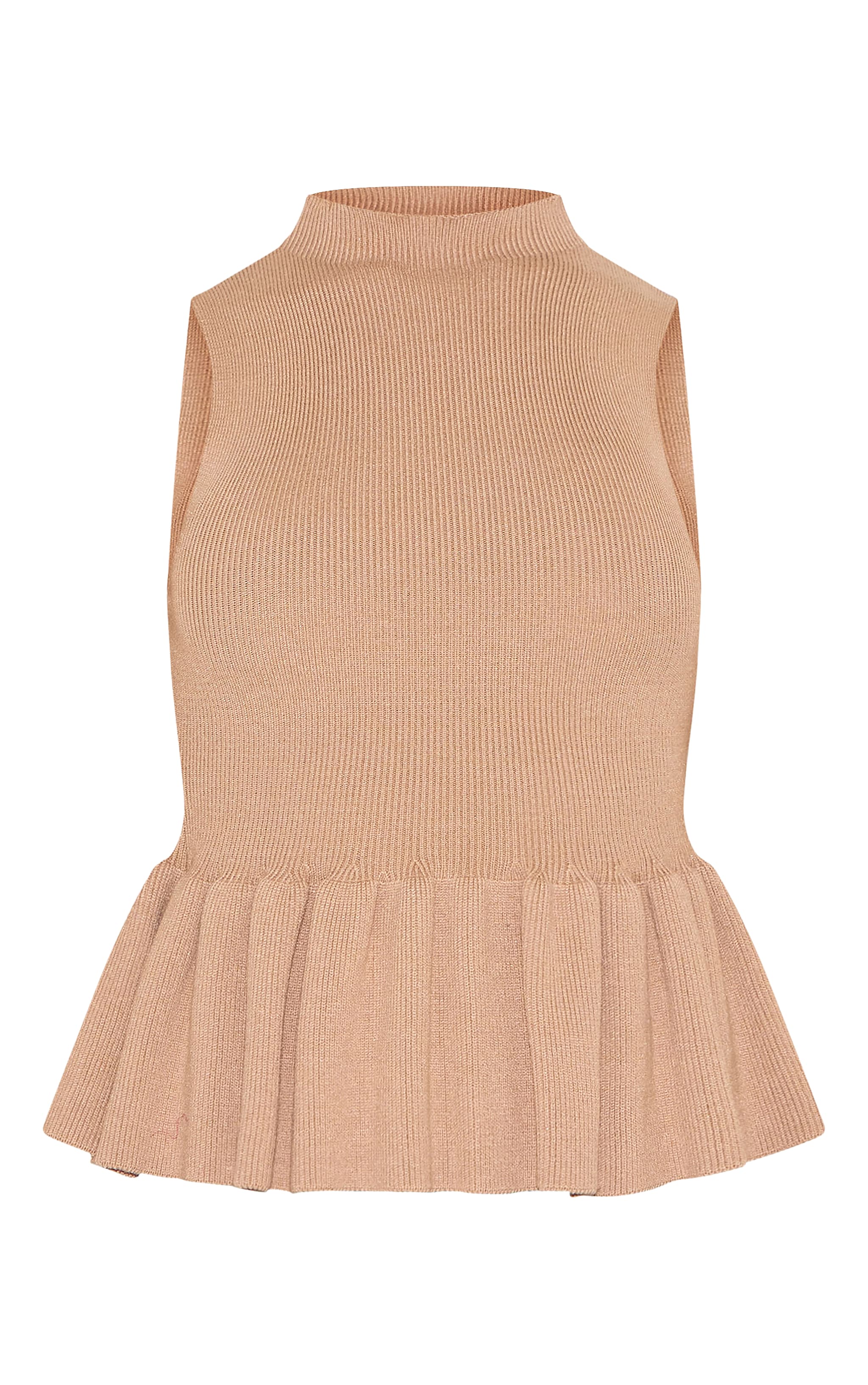 Petite Taupe Knitted High Neck Peplum Hem Long Top image 5