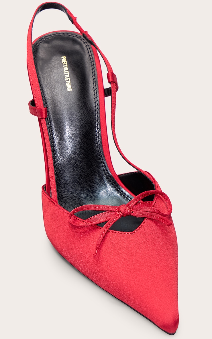 Escarpins pointus satinés rouges à talon moyen et noeuds image 5