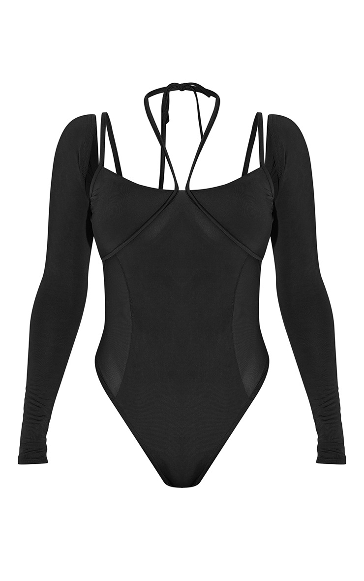 Black Slinky Halterneck Mesh Panel Long Sleeve Bodysuit image 1