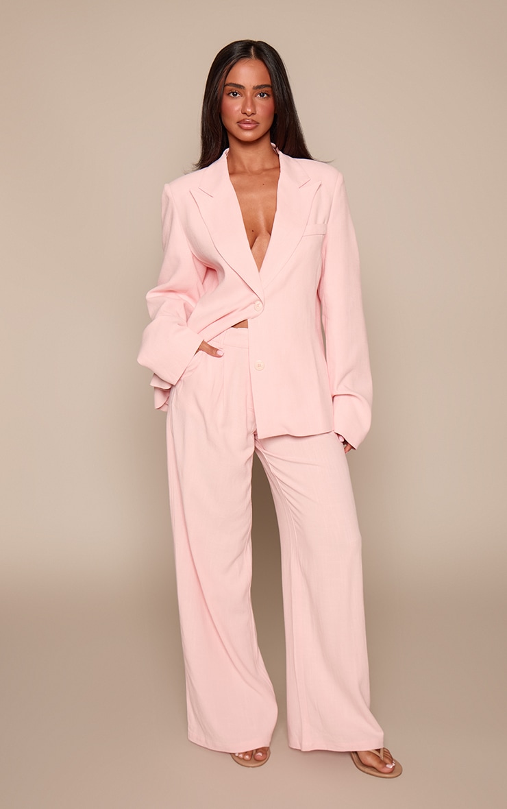 Petite Baby Pink Linen Look Linen Pleat Detail Trousers