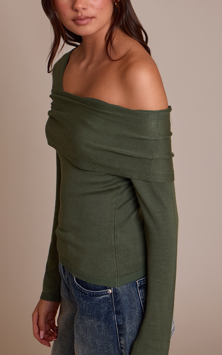 Olive Long Sleeve Asymmetric Shoulder Knitted Top image 4