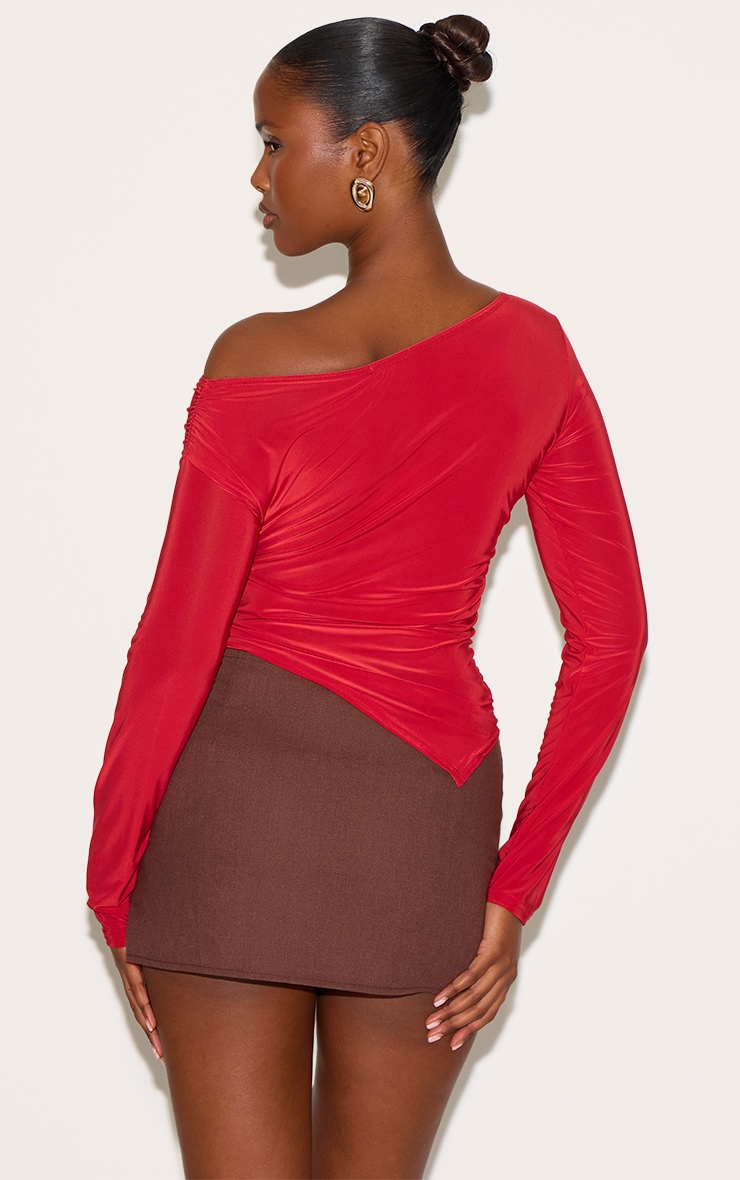 Red Soft Touch Asymmetric Ruched Long Sleeve Top image 2