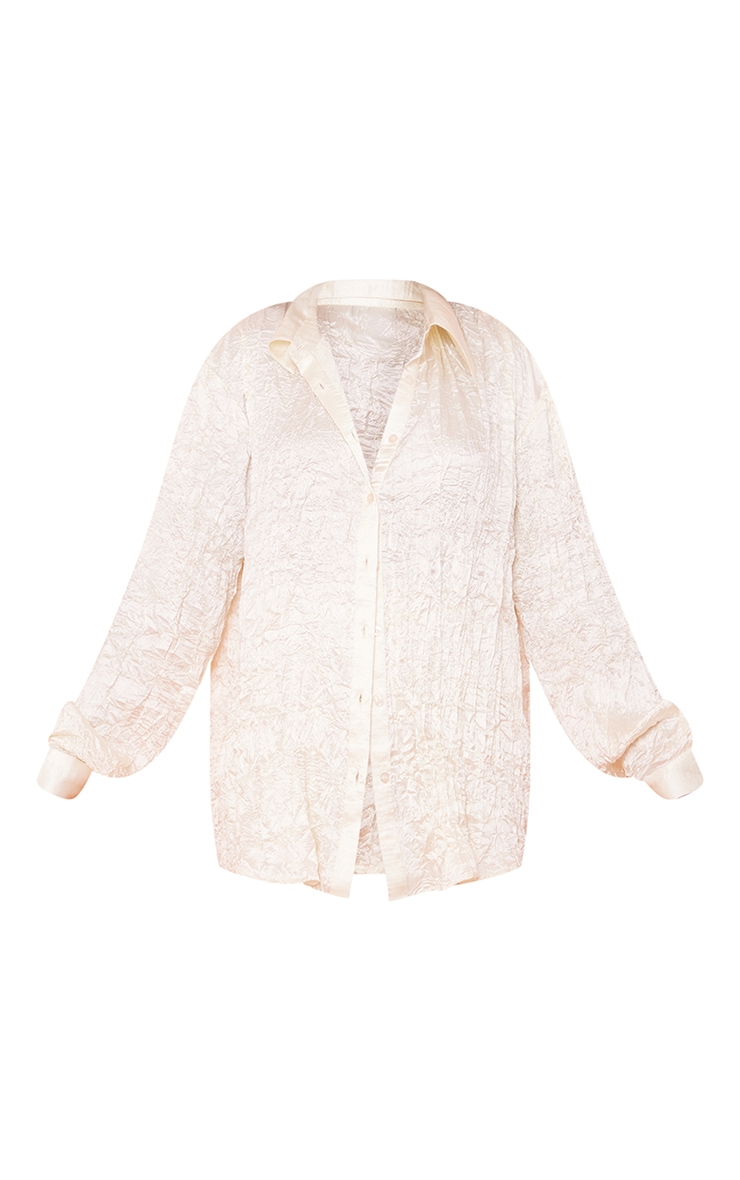 Cream Crinkle Textured Satin Oversized Button Up Shirt image 5