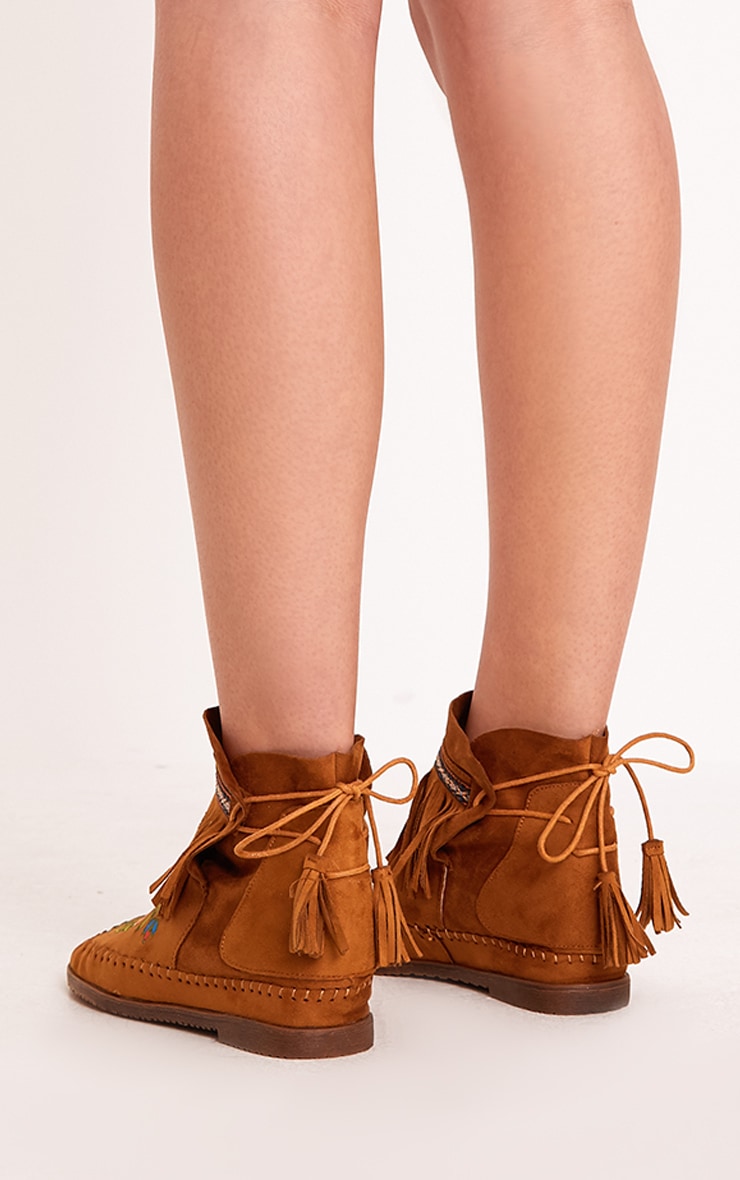 Saz Tan Embroidered Fringed Boots PrettyLittleThing