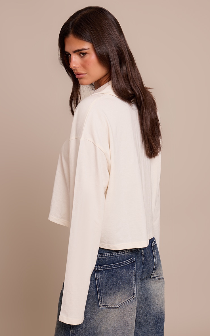 Cream Cotton Polo Collar Long Sleeve Cropped Top image 2