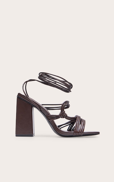 Chocolate Pu Square Toe Strappy Lace Up Block Heeled Sandals