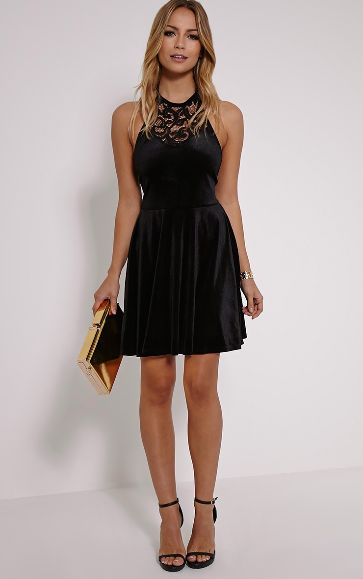 Peyton Black Lace Detail Velvet Skater Dress PrettyLittleThing