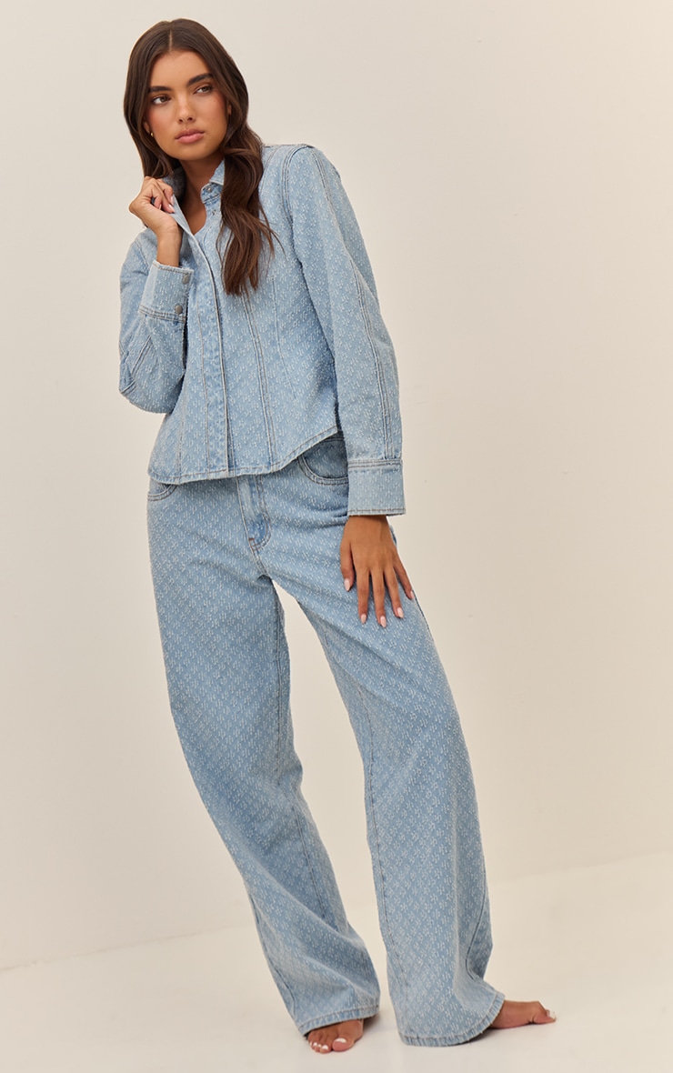 Light Blue Boucle Denim Balloon Sleeve Cinched Denim Shirt image 3