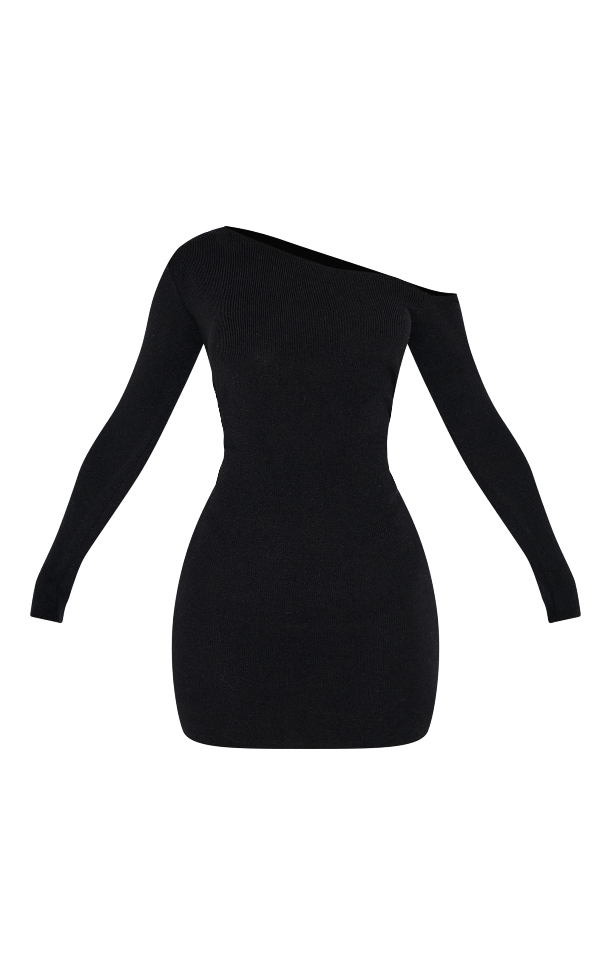 Petite Black Asymmetric Shoulder Ribbed Mini Dress | Petite