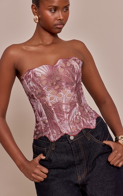 Brown Multi Print Textured Sheer Floral Lace Corset