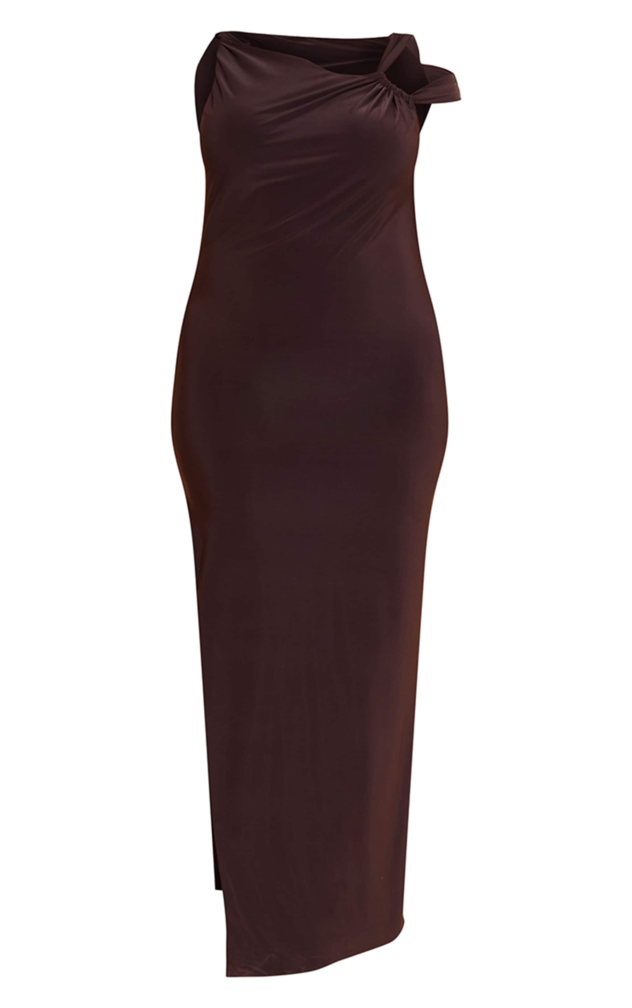 Plus Chocolate Double Layer Slinky Ruched Shoulder Maxi Dress image 5