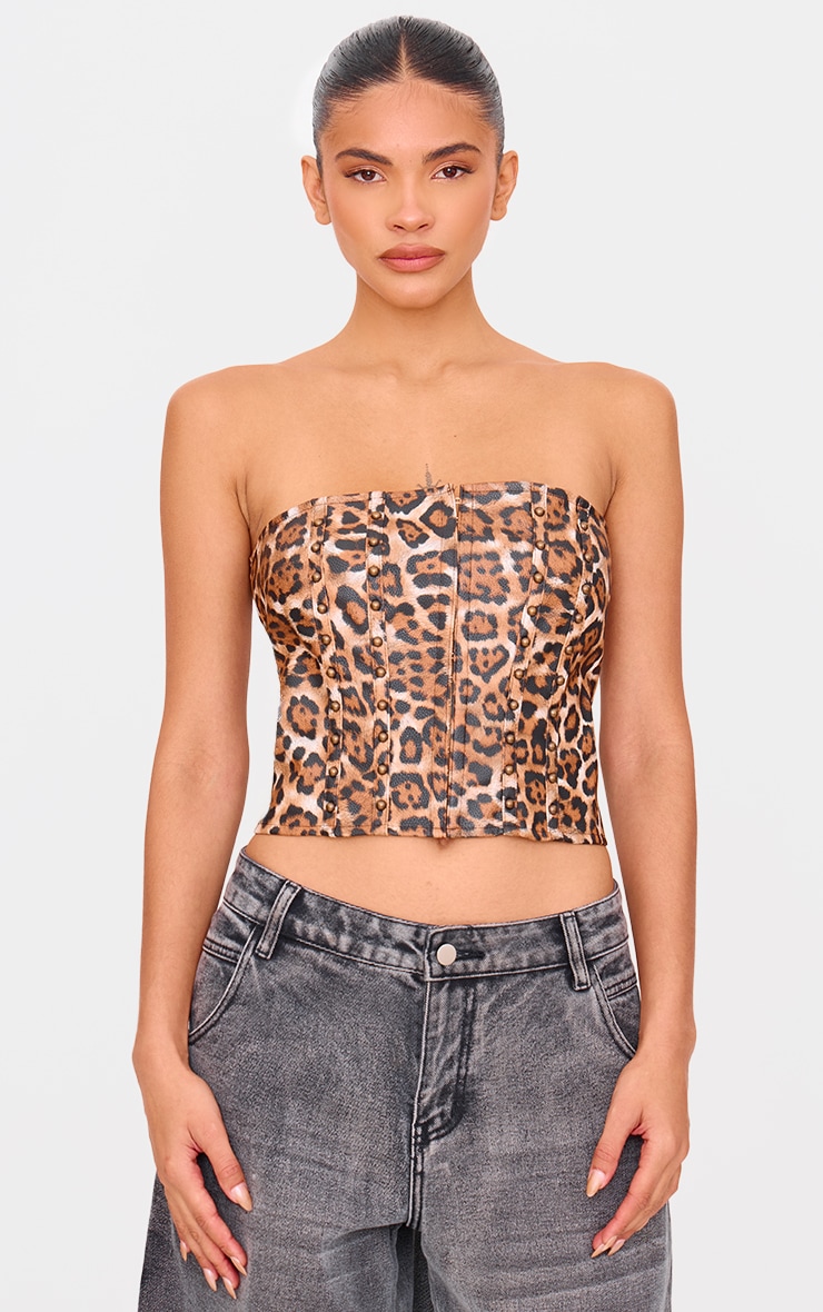 Brown Faux Leather Leopard Print Studded Crop Corset image 1