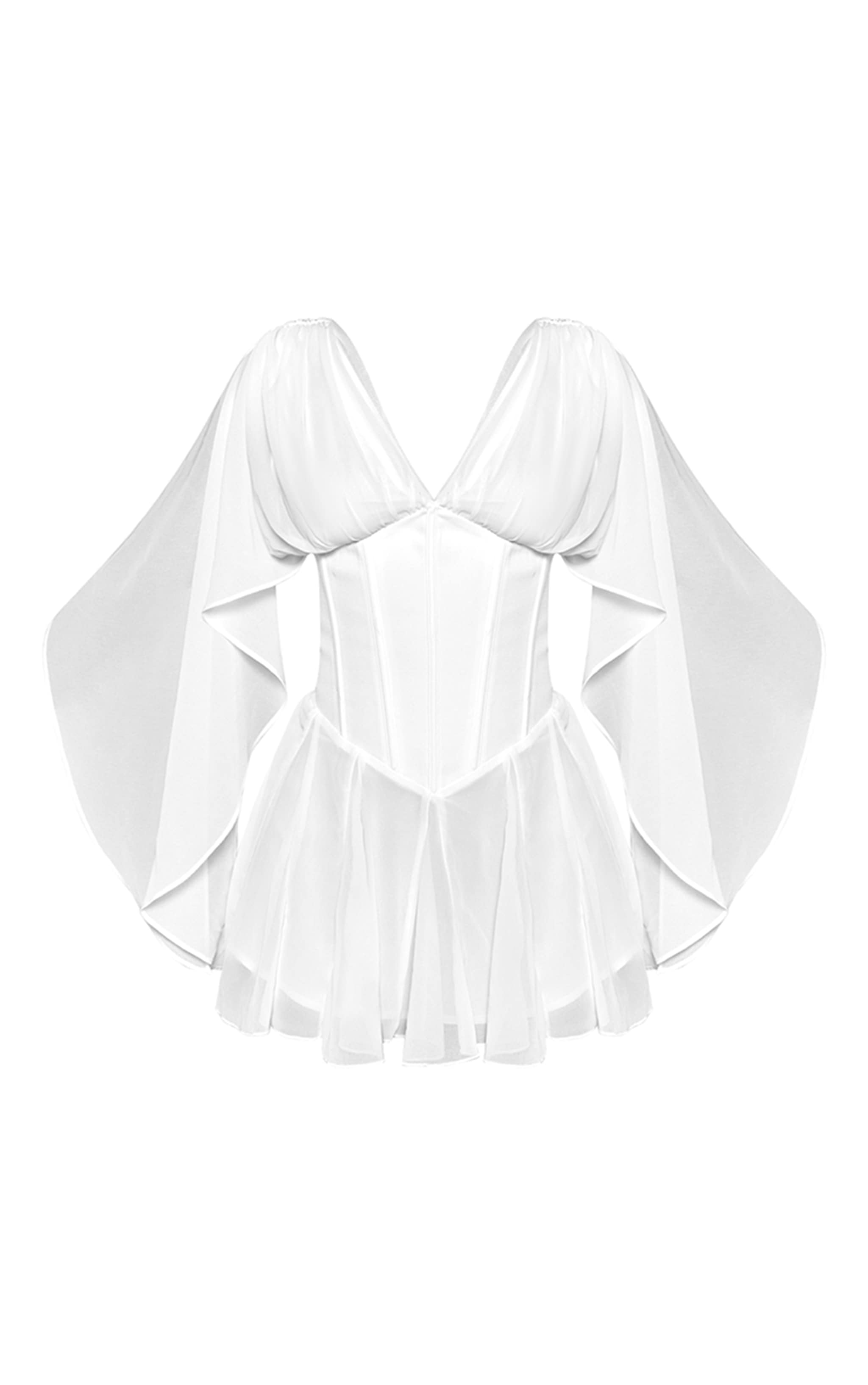 Petite White Corset Waist Chiffon Drape Sleeve Godet Mini Dress image 5