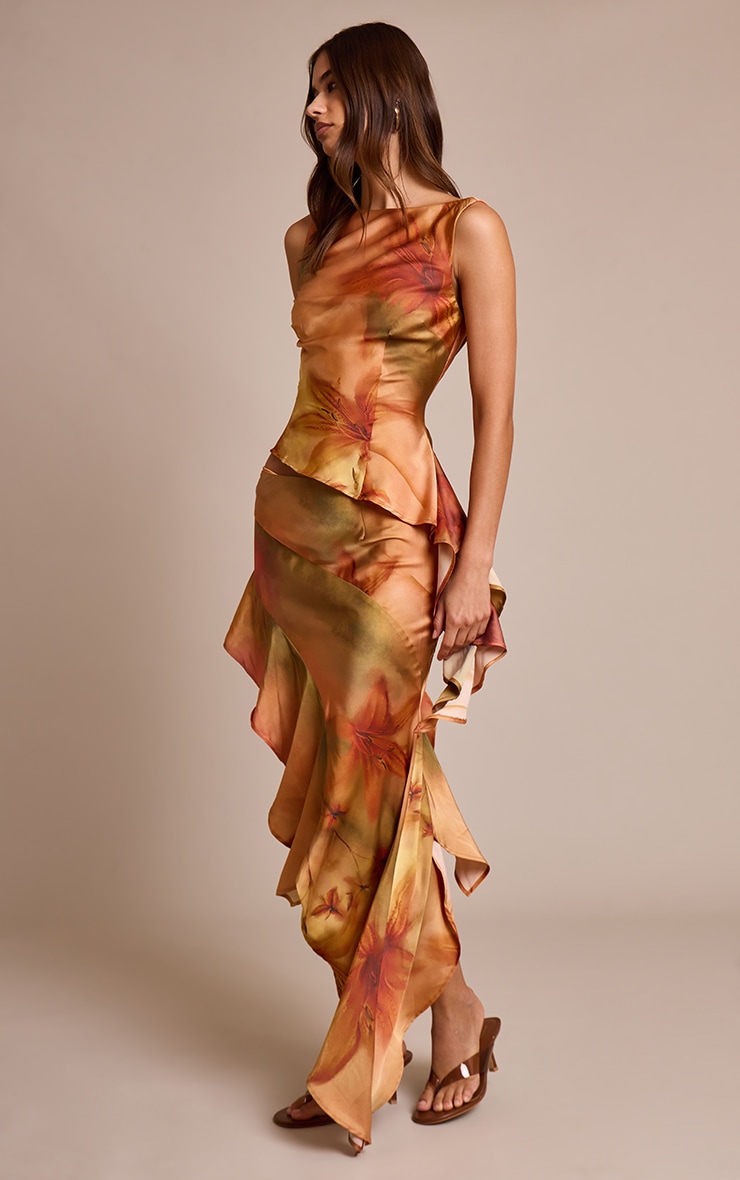 Burnt Orange Printed Satin Cowl Back Asymmetric Ruffle Top image 3