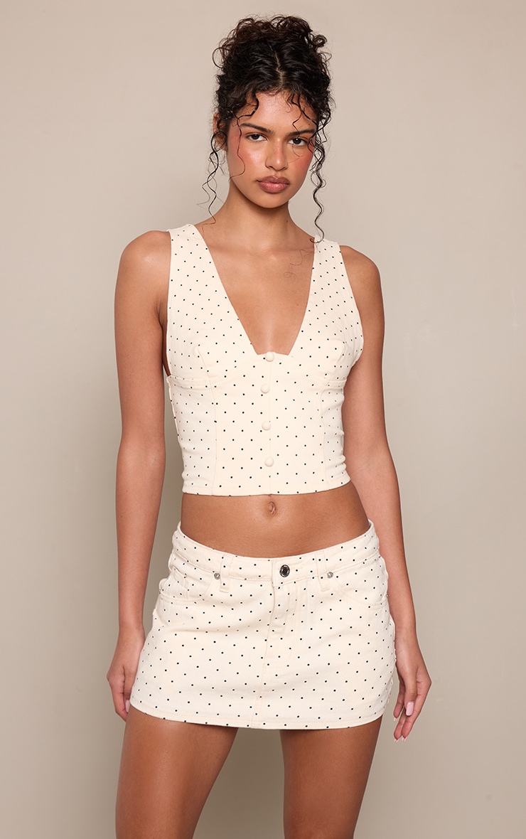 Cream Polka Dot Covered Button Plunge Denim Top