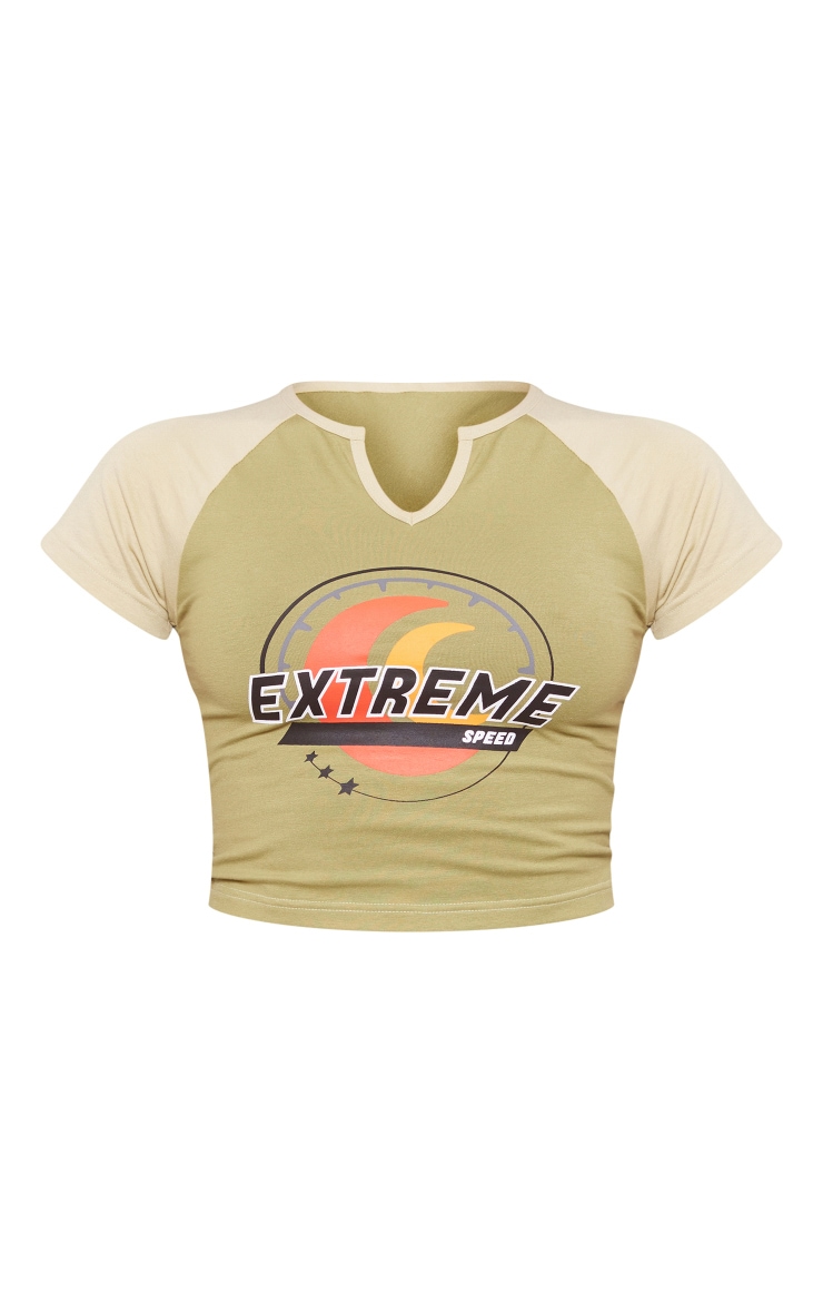 Khaki Extreme Printed Fitted Crop T Shirt image 5