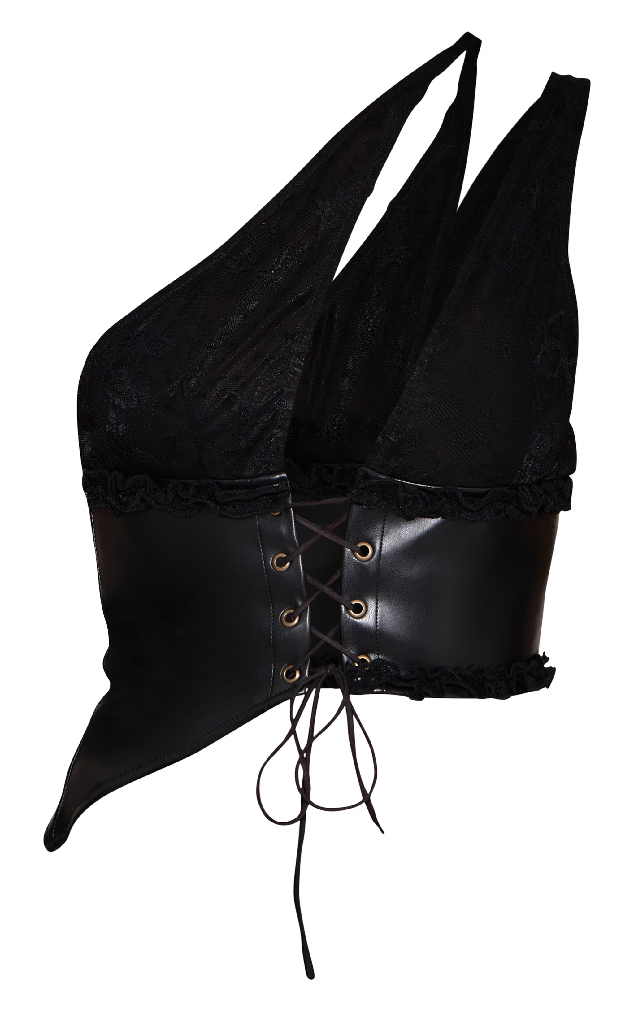 Black Faux Leather Lace Trim Tie Up V Neck Top image 5