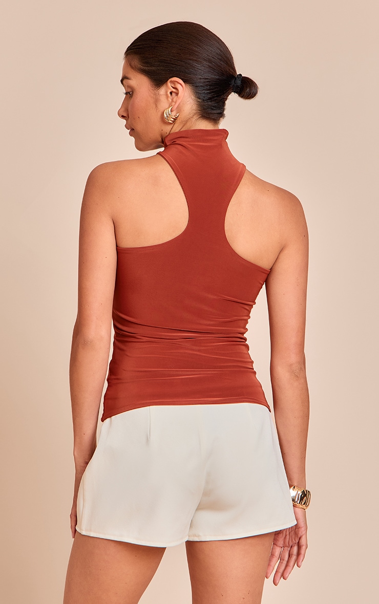Petite Rust Halterneck Trim Detail Long Top image 2