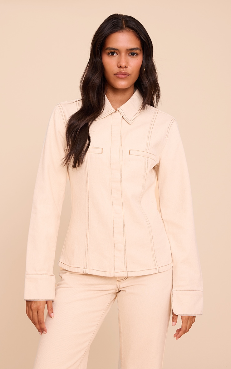 Ecru Linen Look Denim Cinched Waist Seam Detail Shirt image 1