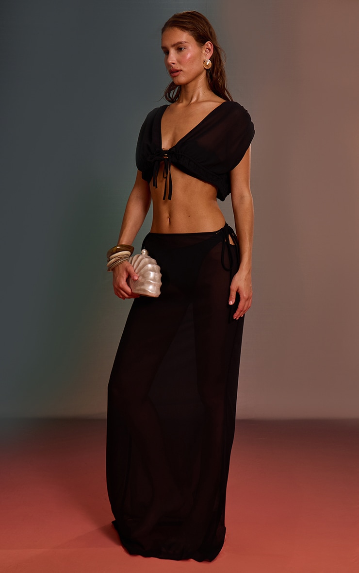 Black Chiffon Tie Waist Maxi Beach Skirt image 4