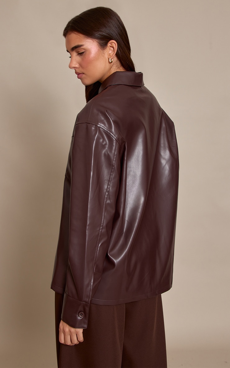 Dark Brown Faux Leather Pocket Detail Shirt image 2