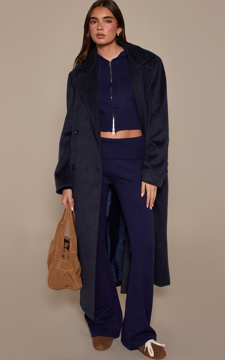 Navy Fold Over Waist Band Flared Knitted Trousers