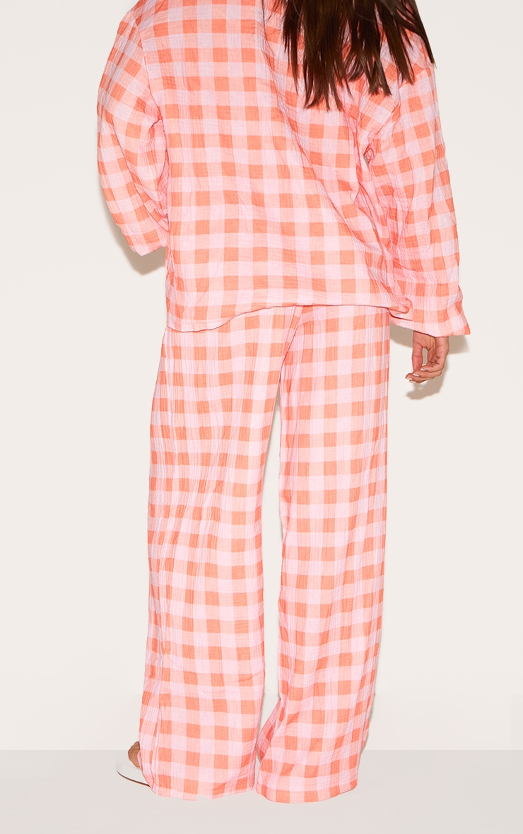 Pantalon ample à carreaux orange en étamine, taille nouée image 3