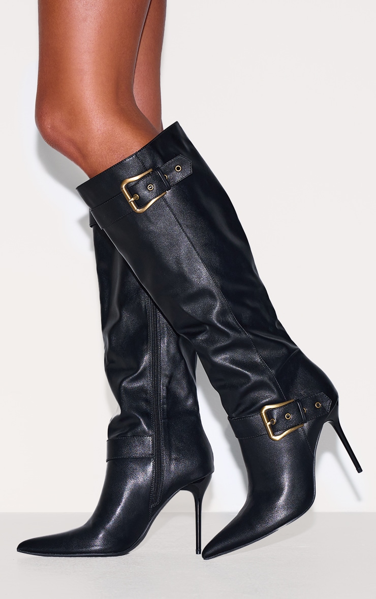 Bottes hautes pointues en PU noir à talon aiguille haut et boucles image 5