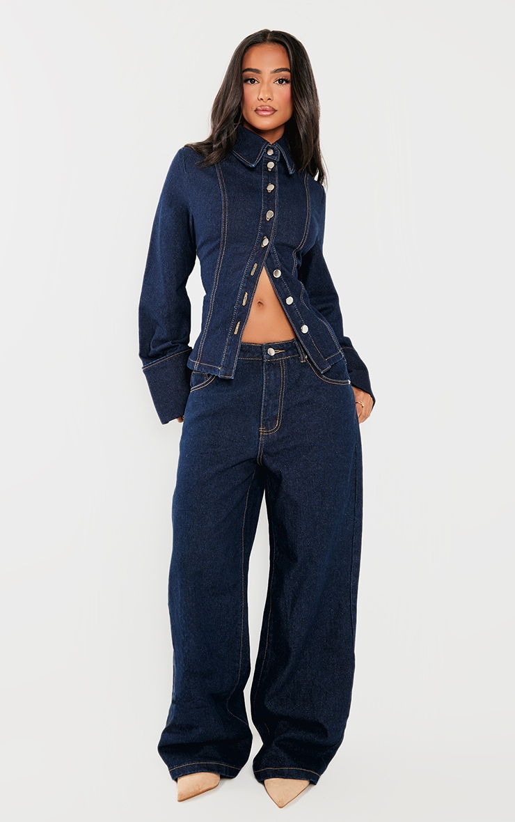 Petite Chemise ajustée en jean bleu indigo délavé à manches longues image 3
